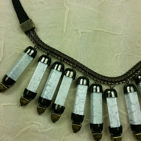 White Gray Marble Bead Statement Necklace Black Leather Crd Tribal Boho Festival - Picture 3 of 7